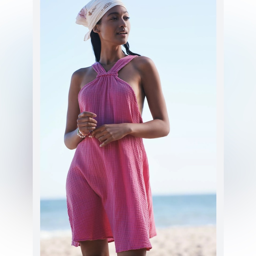 NWT Anthropologie Pink Braided Halter Gauze Open Back Mini Dress Size Medium